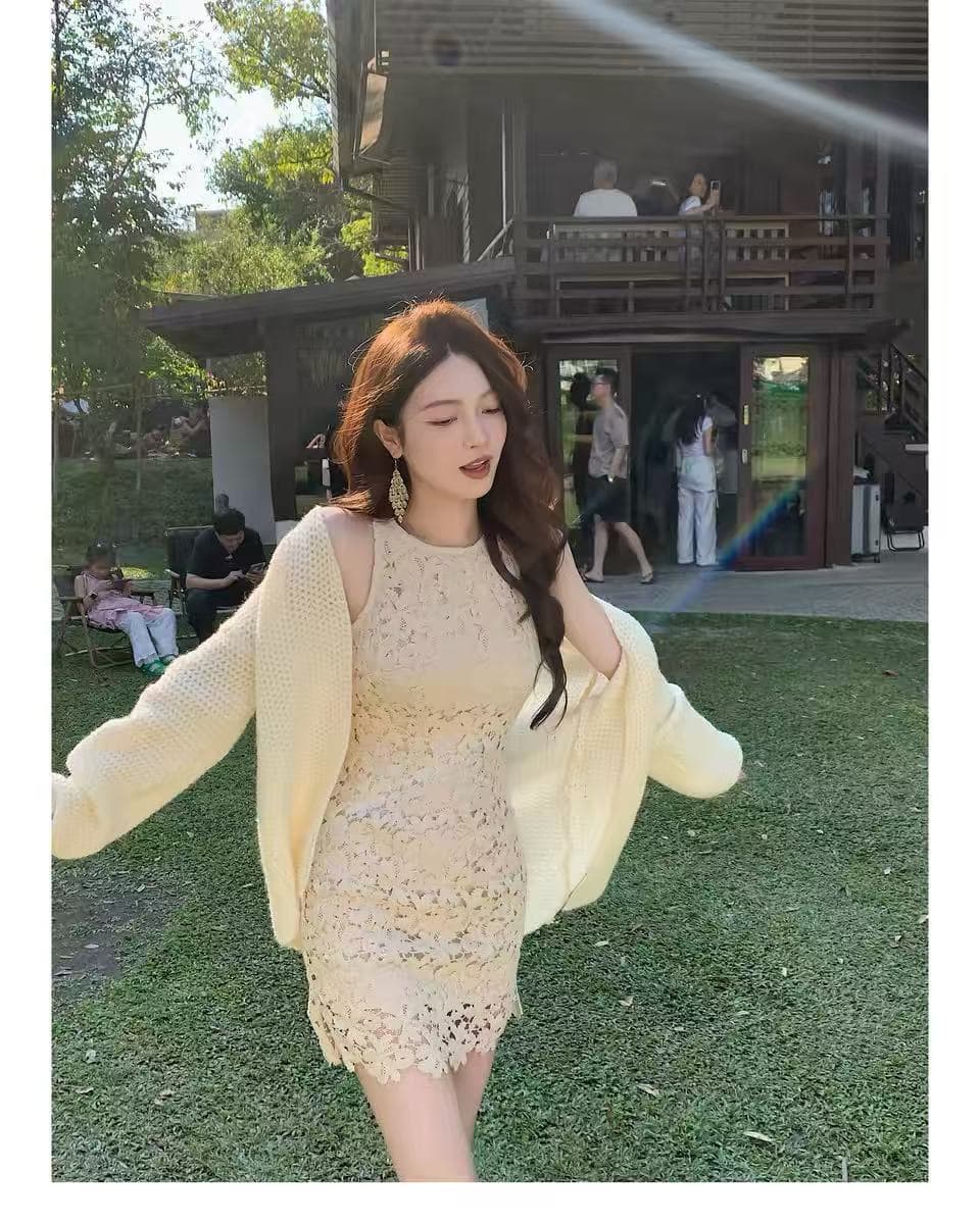 오직 니켈 태어난 쌍 프랑스식 부드러운 품격 드레스 봄 여름 홀로우 아웃 레이스 민소매 쇼트 스타일 치마 아이들 이미지 4