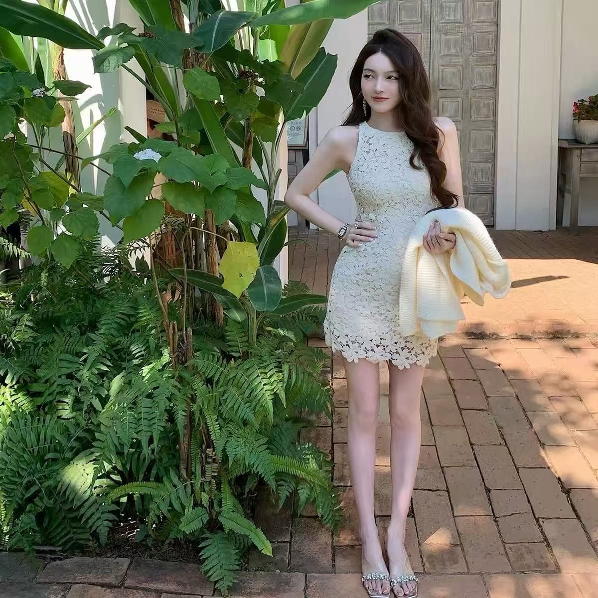 오직 니켈 태어난 쌍 프랑스식 부드러운 품격 드레스 봄 여름 홀로우 아웃 레이스 민소매 쇼트 스타일 치마 아이들 이미지 5