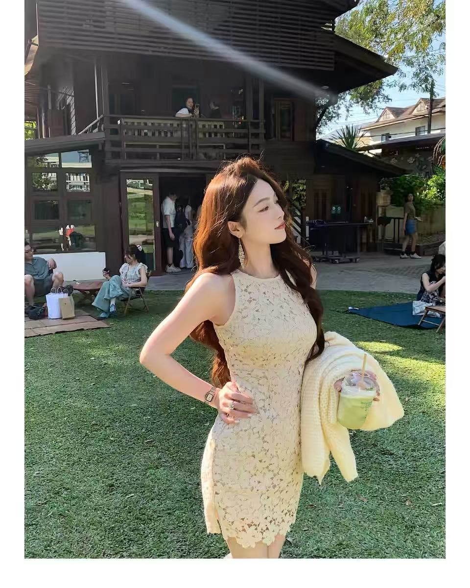 오직 니켈 태어난 쌍 프랑스식 부드러운 품격 드레스 봄 여름 홀로우 아웃 레이스 민소매 쇼트 스타일 치마 아이들 상세 이미지 2