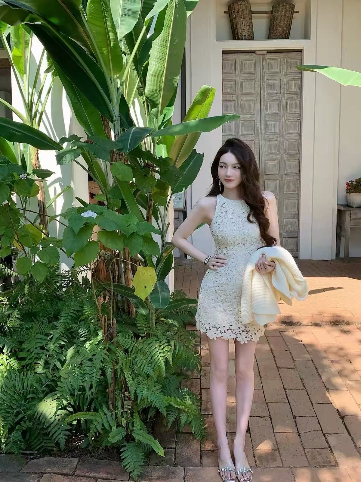 오직 니켈 태어난 쌍 프랑스식 부드러운 품격 드레스 봄 여름 홀로우 아웃 레이스 민소매 쇼트 스타일 치마 아이들 상세 이미지 4