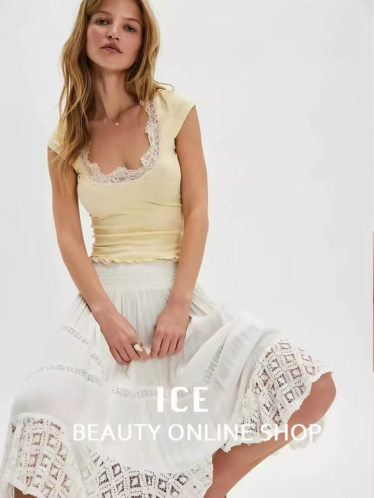 ice 손 사 가게 할인 정통 free people 반팔 레이스 레이스 대 라운드 넥 리브 맨위 여성 이미지 4