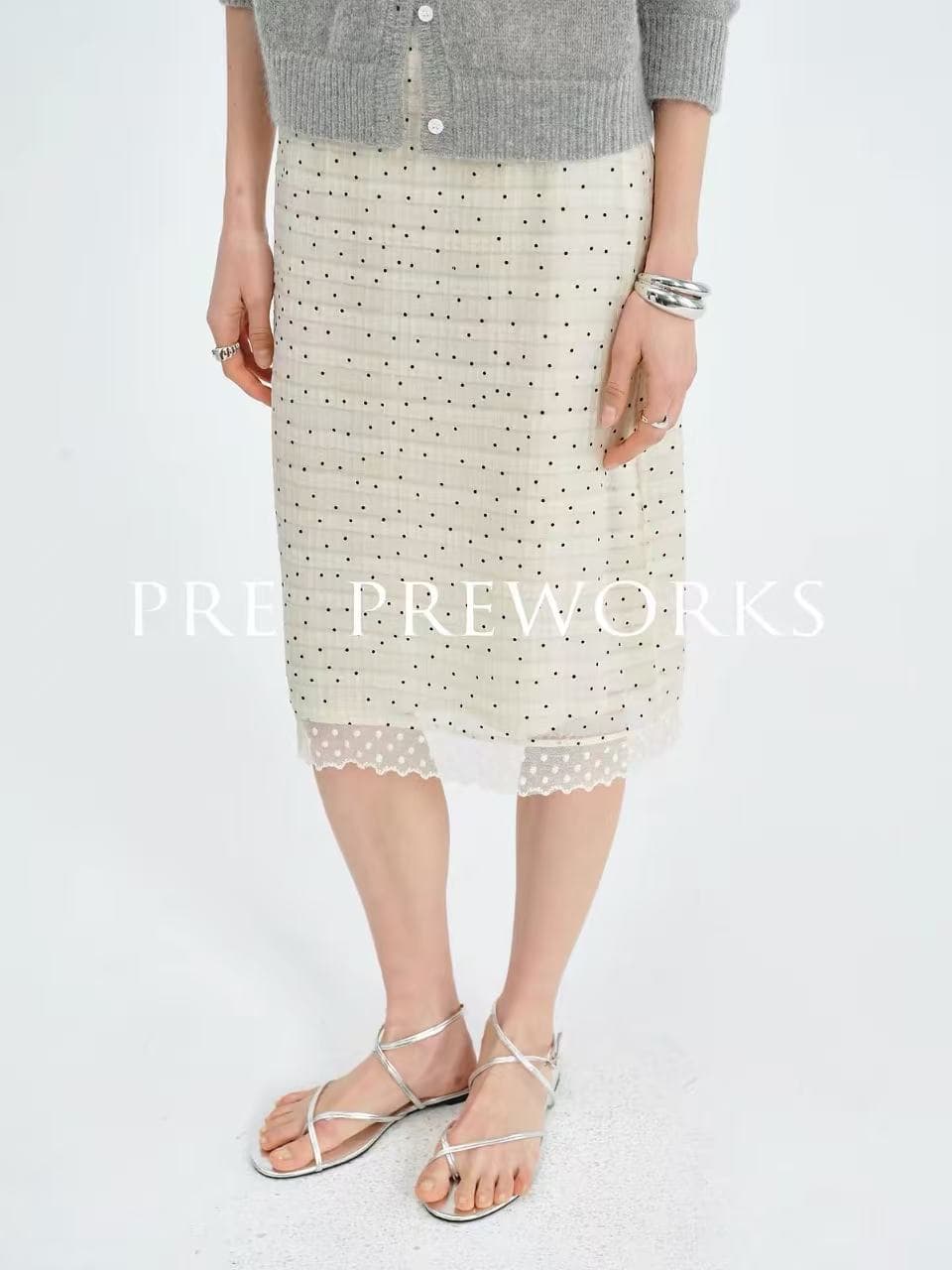 pre preworks 일본 가져 오기 질감 센스 식물 플러시 도트 무늬 레이스 조각 반신 스커트 하이웨이스트 스트레이트 치마 이미지 2