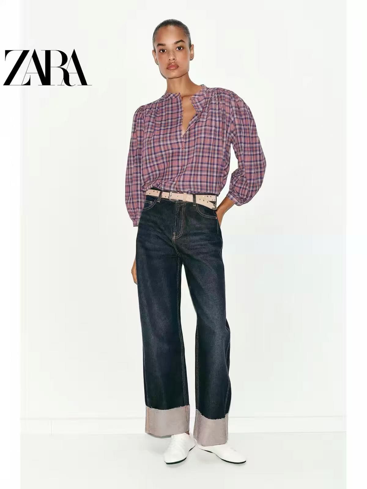 zr 할인 계절 여성 의류 라운드 받은 팔꿈치 소매 캐주얼 출퇴근 격자 무늬 셔츠 이미지 4