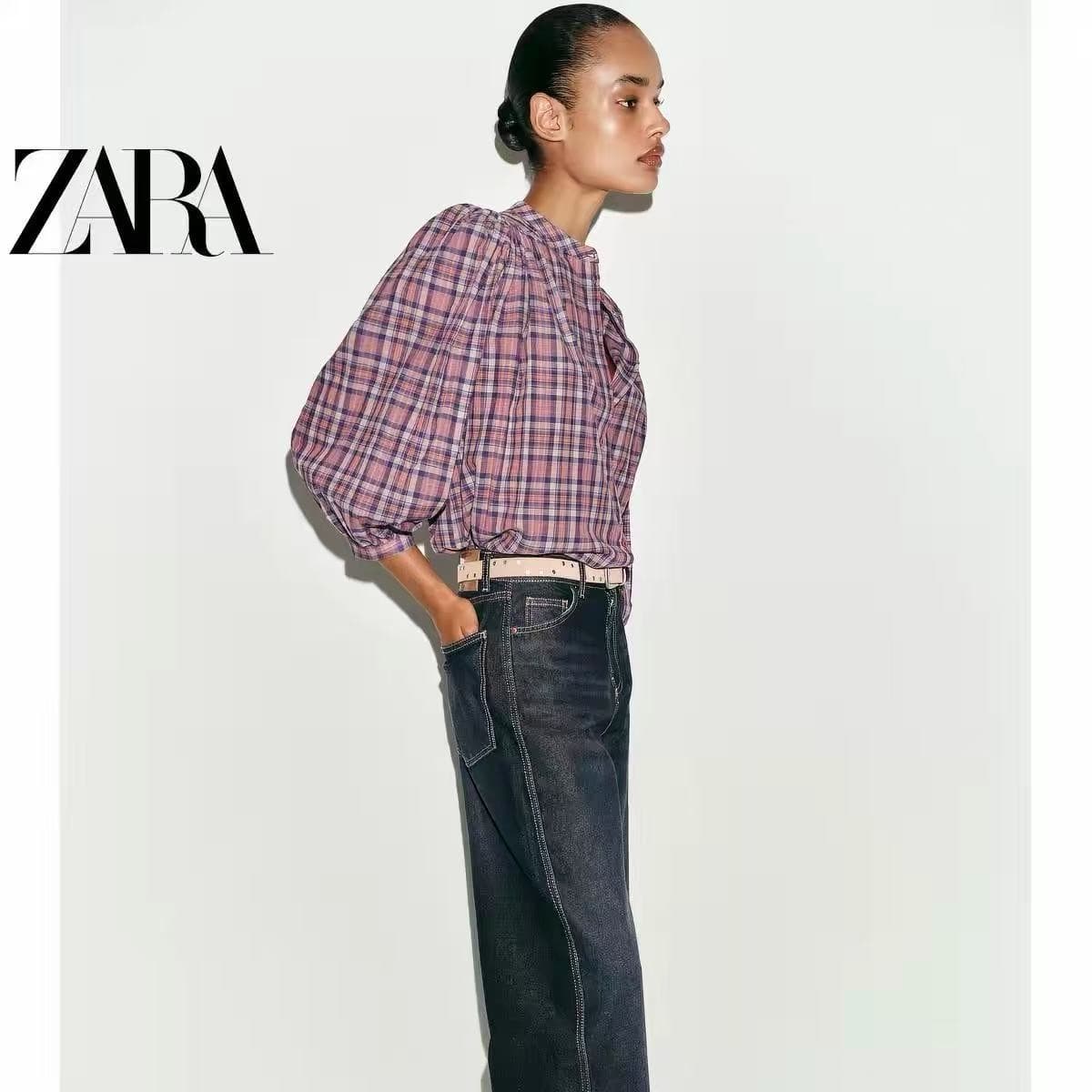 zr 할인 계절 여성 의류 라운드 받은 팔꿈치 소매 캐주얼 출퇴근 격자 무늬 셔츠 이미지 5