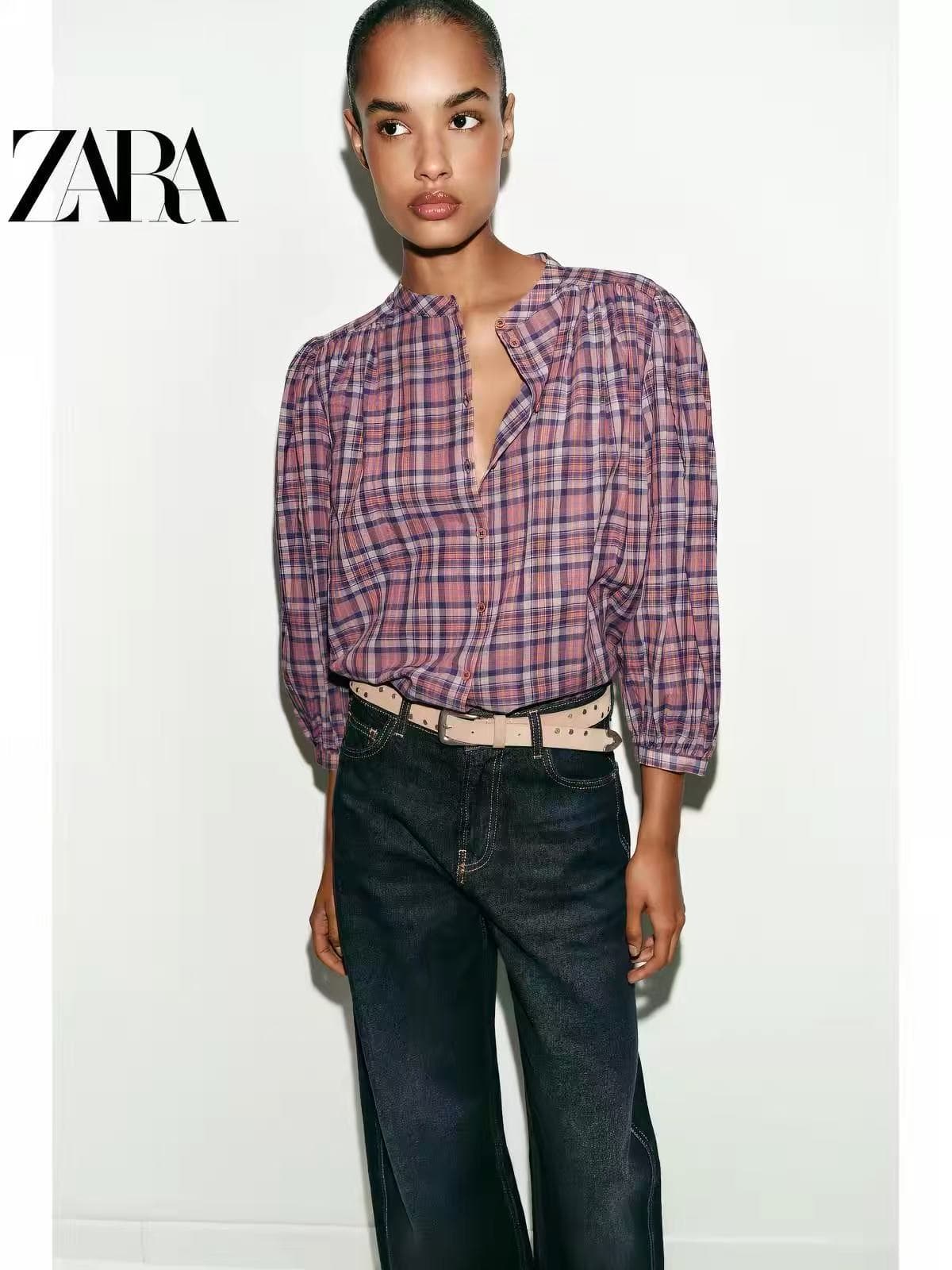 zr 할인 계절 여성 의류 라운드 받은 팔꿈치 소매 캐주얼 출퇴근 격자 무늬 셔츠 상세 이미지 5