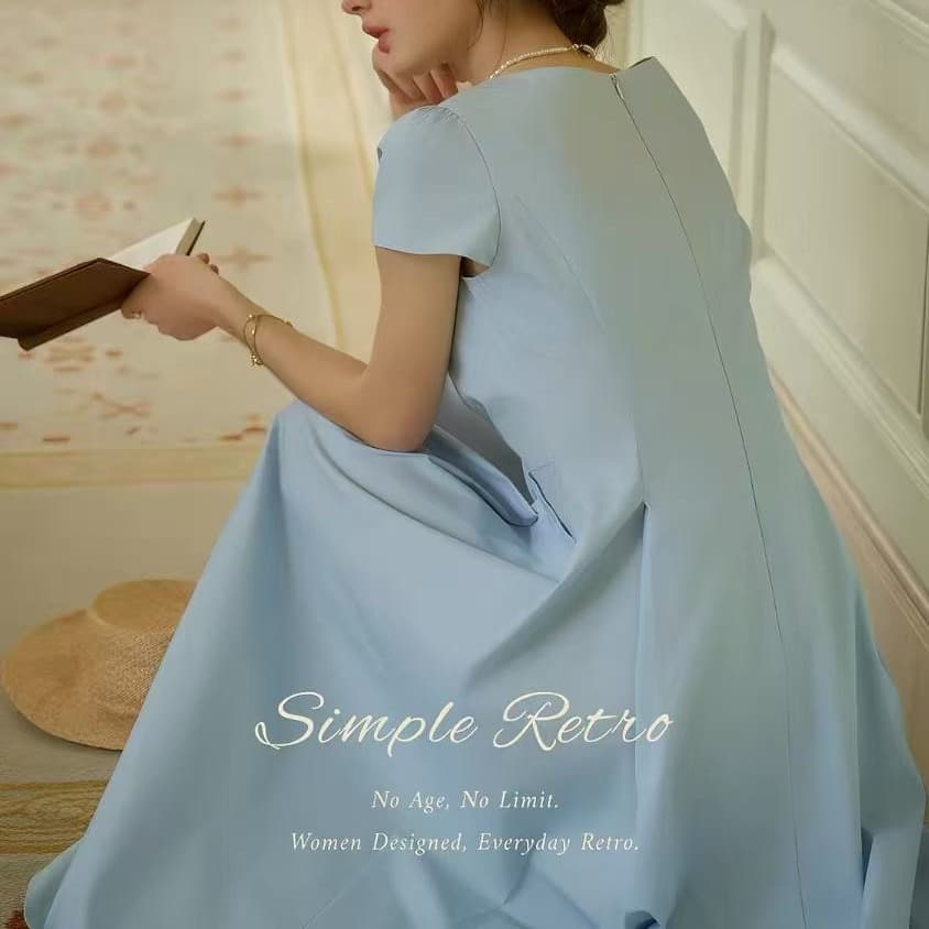 simpleretro 프랑스식 출퇴근 파란색 여성 드레스 순면 차가운 센스 수 슈앙 품격 허리 수축 슬림해 보이는 롱 스커트 이미지 5