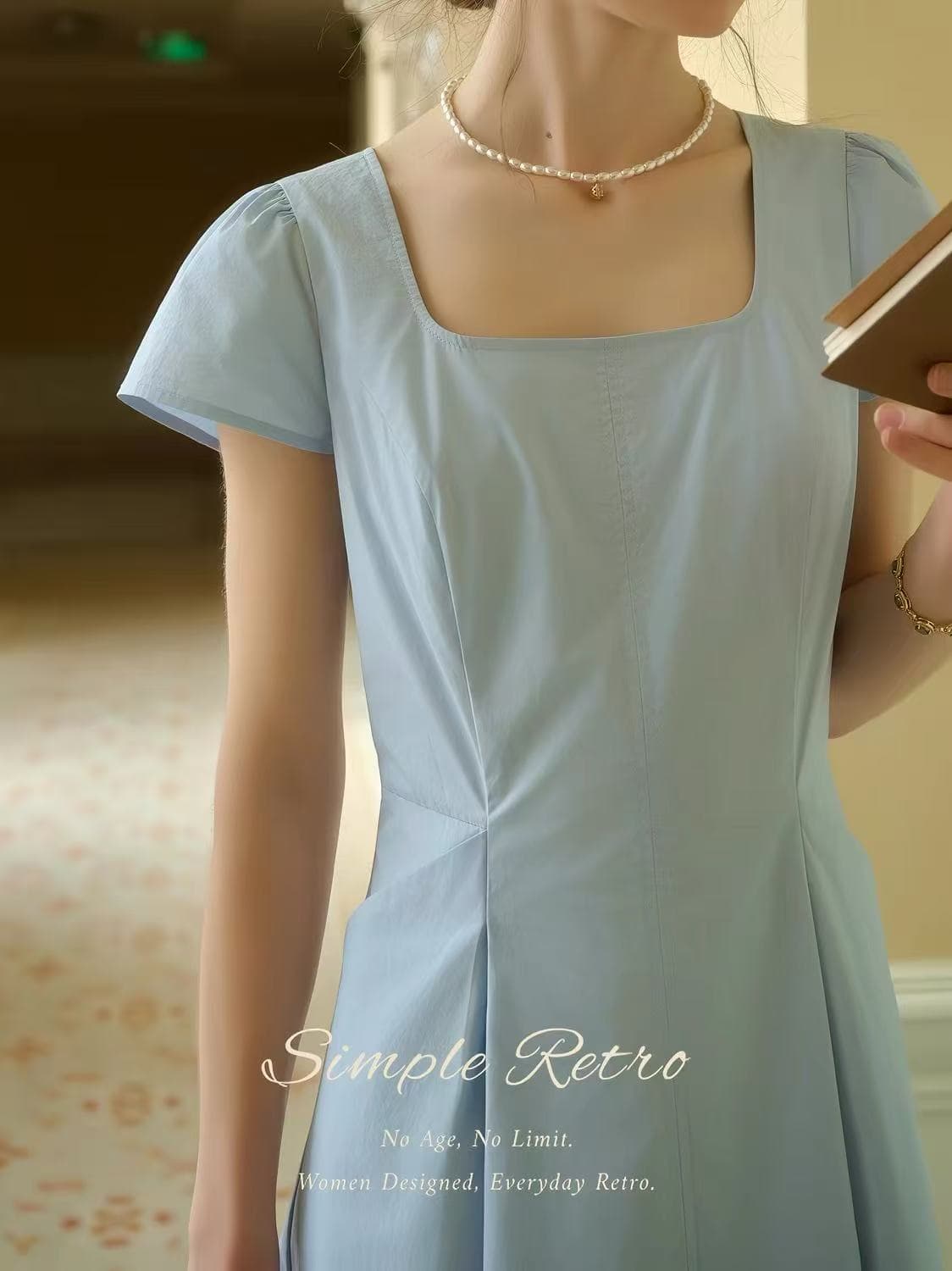 simpleretro 프랑스식 출퇴근 파란색 여성 드레스 순면 차가운 센스 수 슈앙 품격 허리 수축 슬림해 보이는 롱 스커트 상세 이미지 1