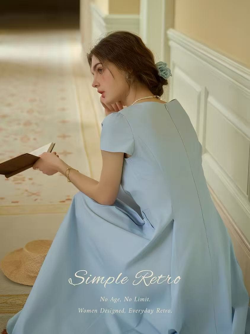 simpleretro 프랑스식 출퇴근 파란색 여성 드레스 순면 차가운 센스 수 슈앙 품격 허리 수축 슬림해 보이는 롱 스커트 상세 이미지 2
