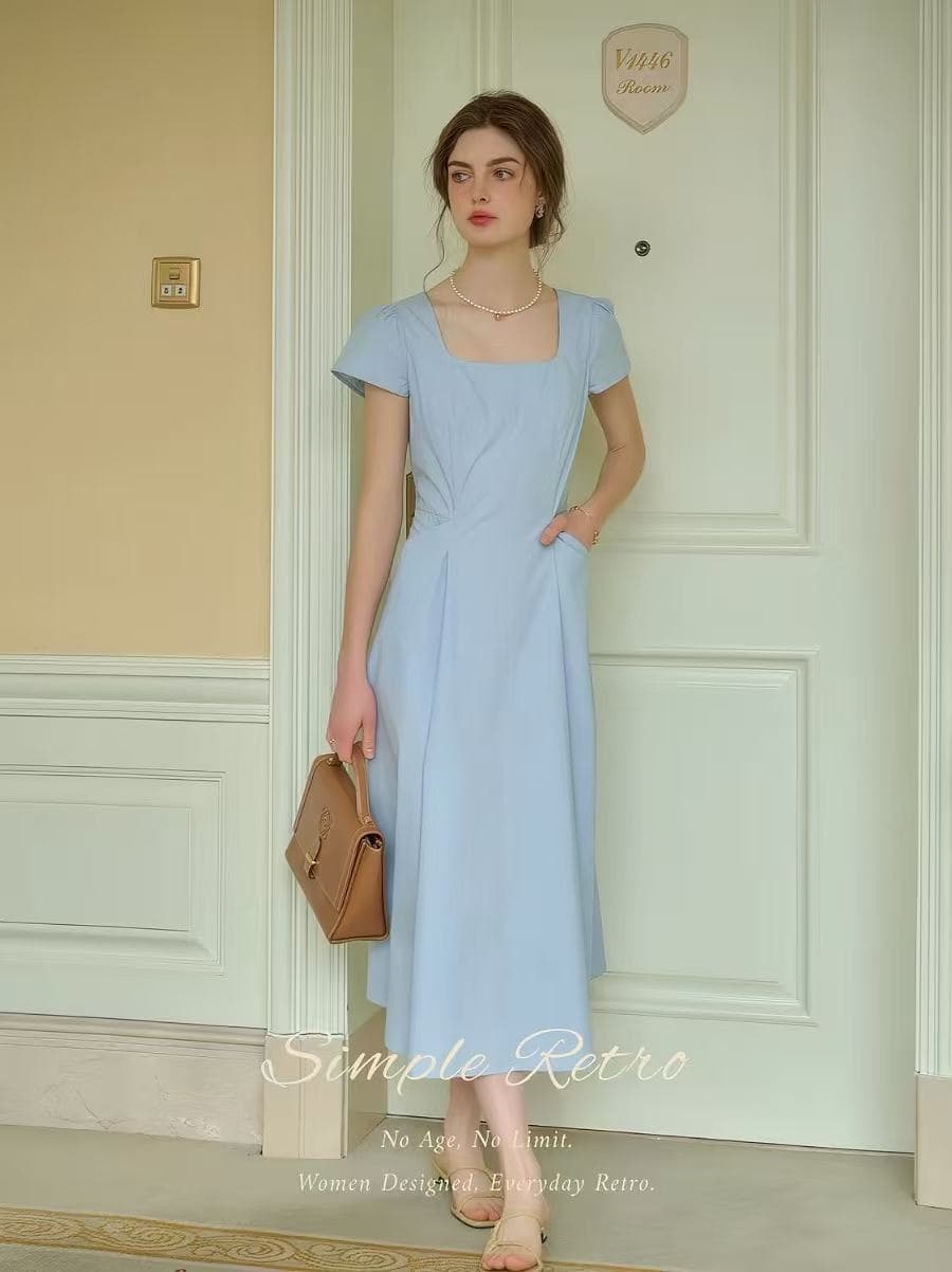 simpleretro 프랑스식 출퇴근 파란색 여성 드레스 순면 차가운 센스 수 슈앙 품격 허리 수축 슬림해 보이는 롱 스커트 상세 이미지 3