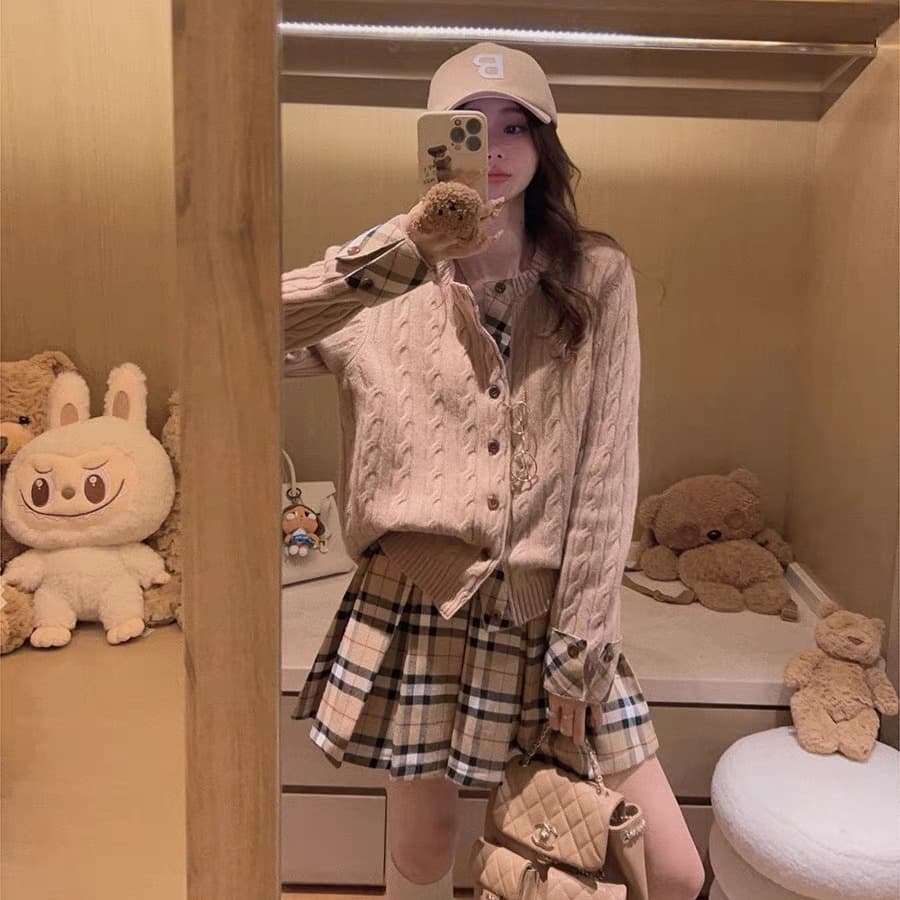yukiss 하나 의류 더블 가져 가라. 학원 출퇴근 니스 체크무늬 패치워크 양모 니트 스웨터 이미지 5