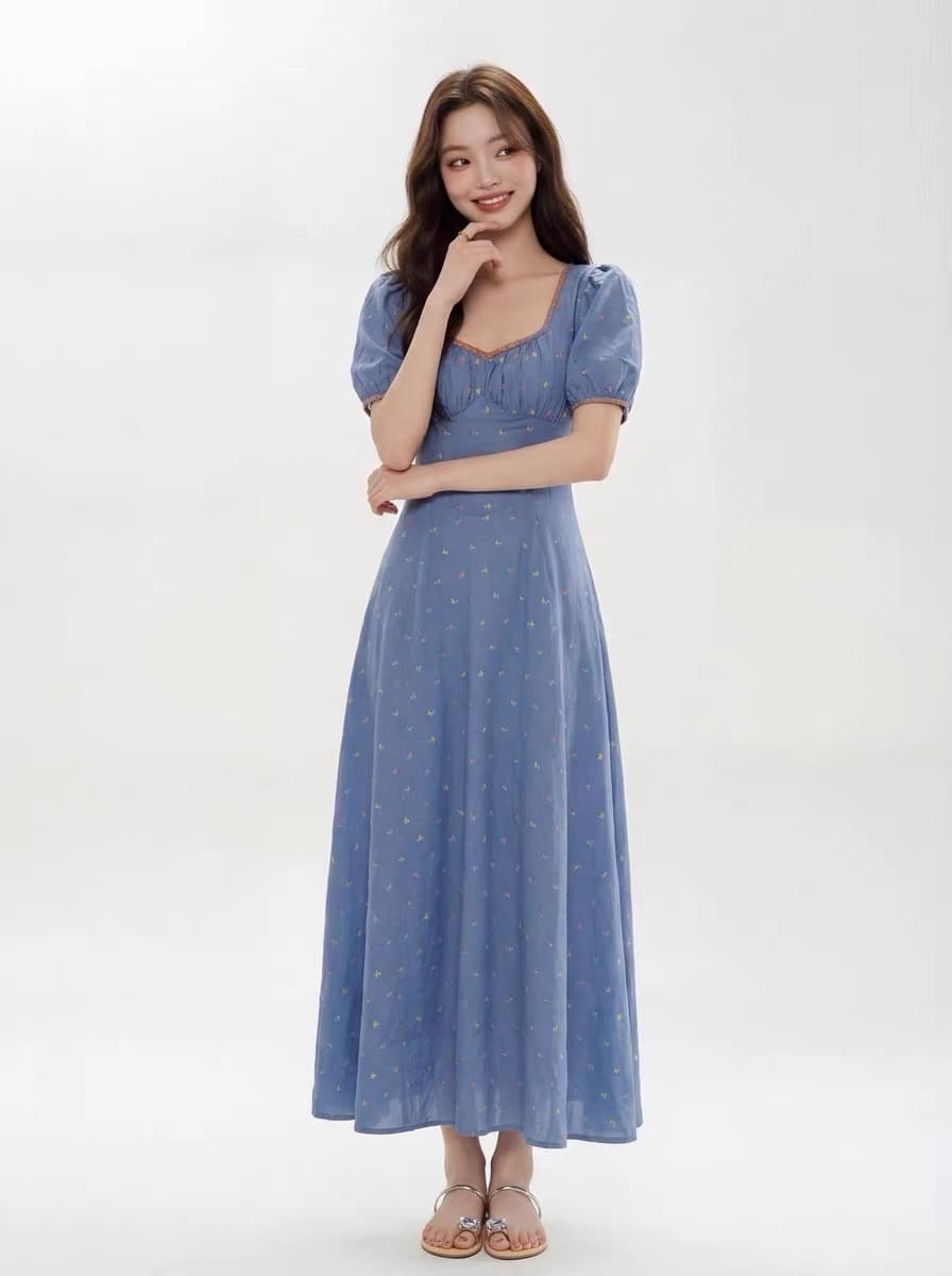 소중한 이웃 한 부서 분위기 센스 파란색 거품 소매 꽃무늬 한 마디 여성 드레스 여름 품격 허리 수축 슬림해 보이는 롱 스커트 상세 이미지 10