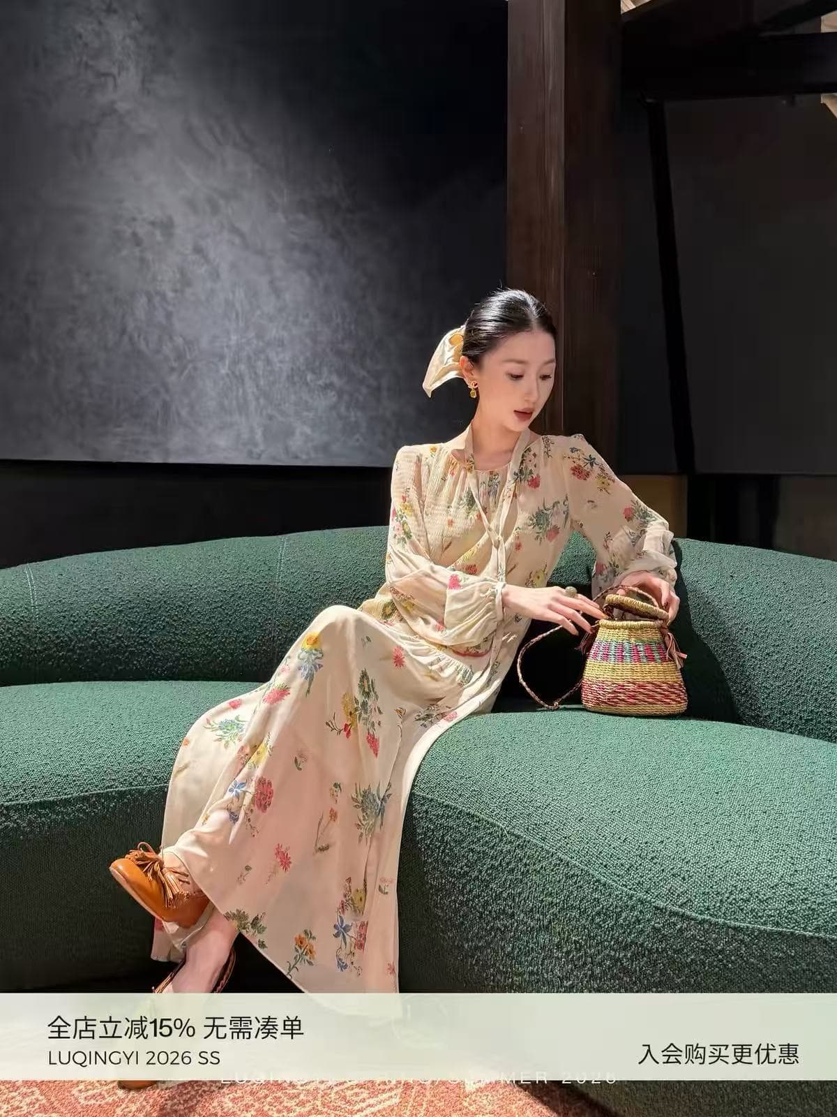 왜가리 녹색 하나 오리지널 후이 나무 프랑스식 프린트 여성 드레스 봄 여름 전원 바람 플리츠 쉬폰 휴가 롱 스커트
