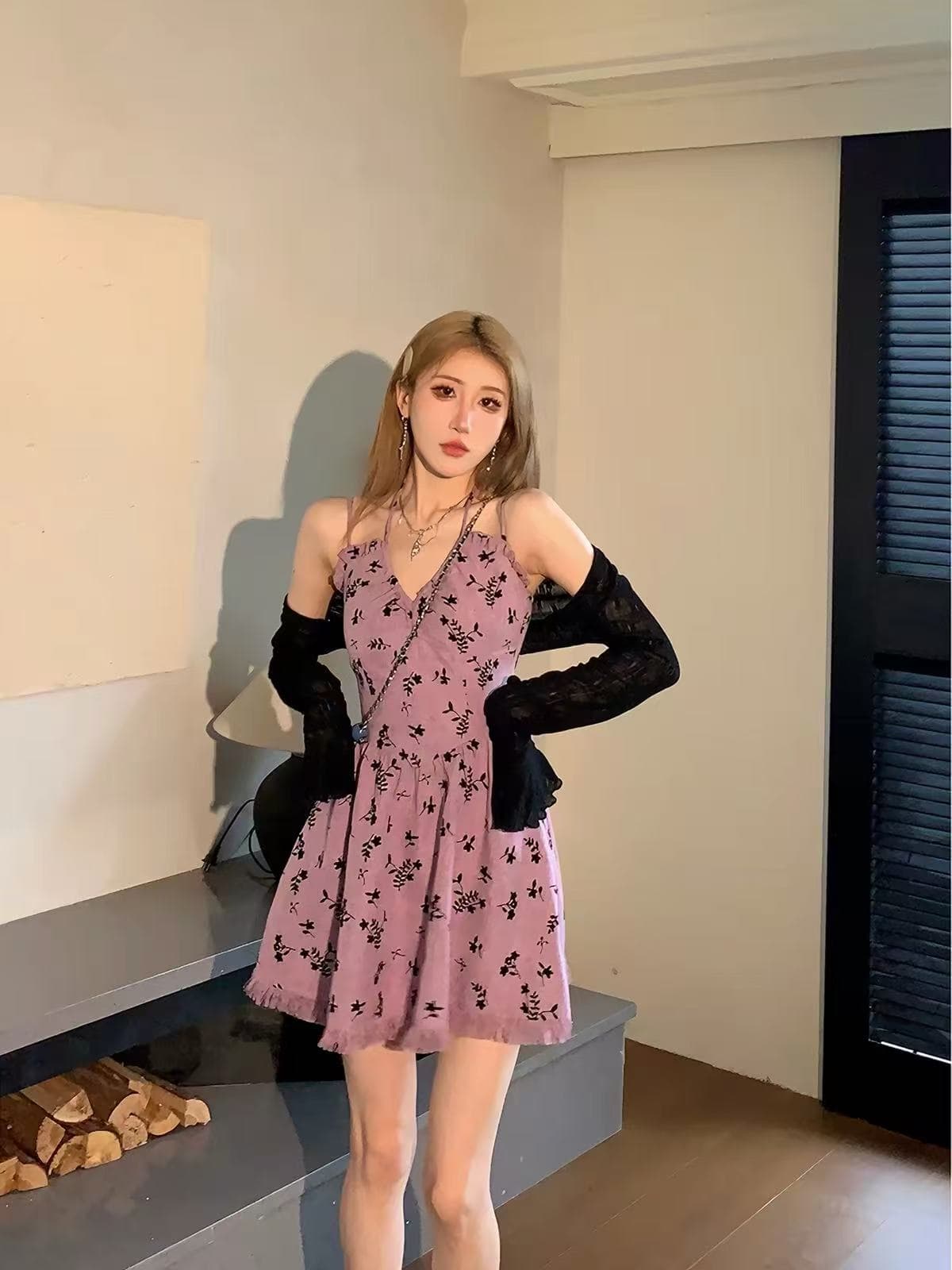 달콤한 핫걸 꽃무늬 술 행침 목 슬립 드레스 아이들 허리 수축 품격 디자인 센스 작은 키 미니 스커트 여름 상세 이미지 5