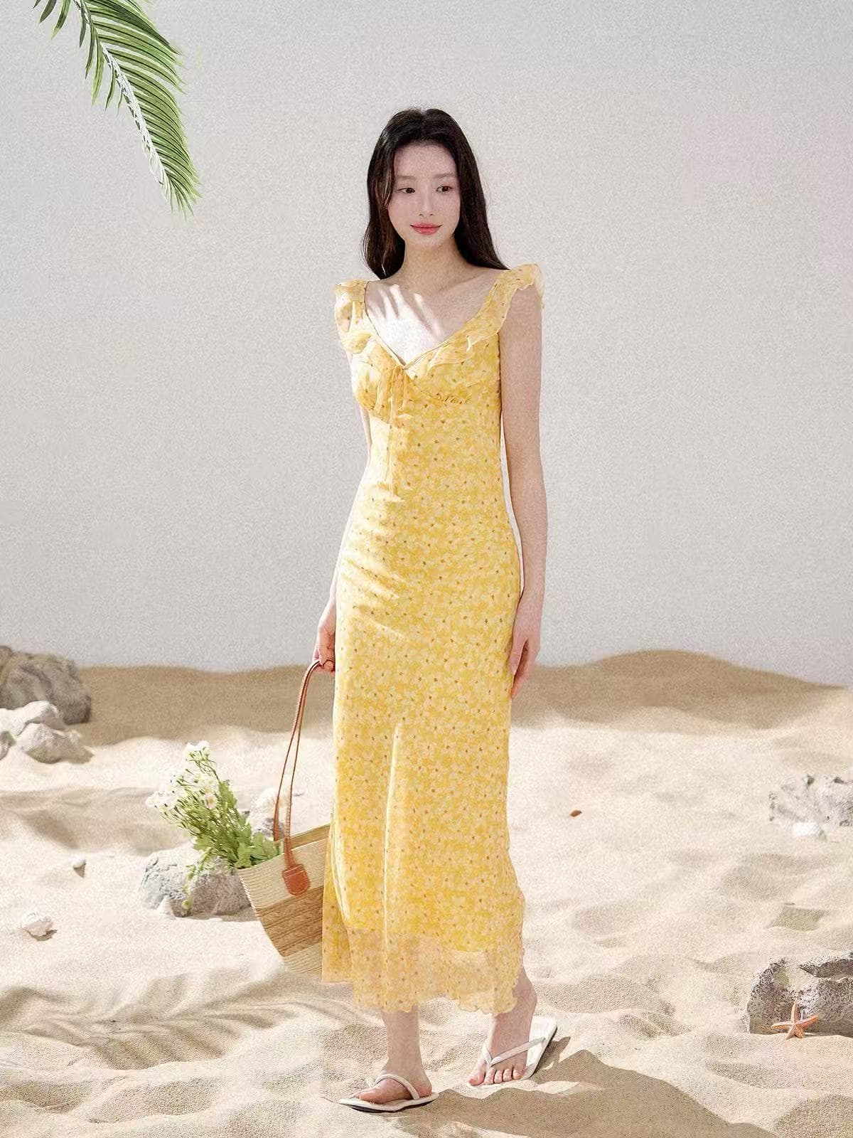 insliisa 황색 꽃무늬 드레스 휴가 바람 여름 새로운 품격 슬립 해변가 허리 수축 해변 드레스 이미지 3