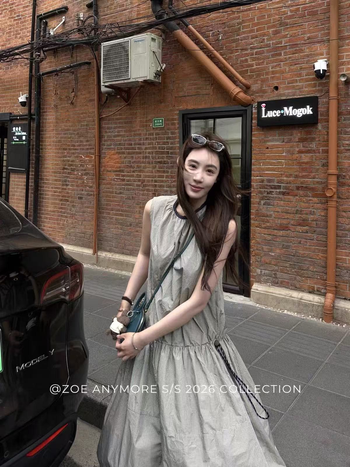zoe anymore 한 부서 루즈핏 허리밴드 느긋한 센스 좋은 체크무늬 허리 수축 드레스 느슨함 센스 조끼 스커트 이미지 3