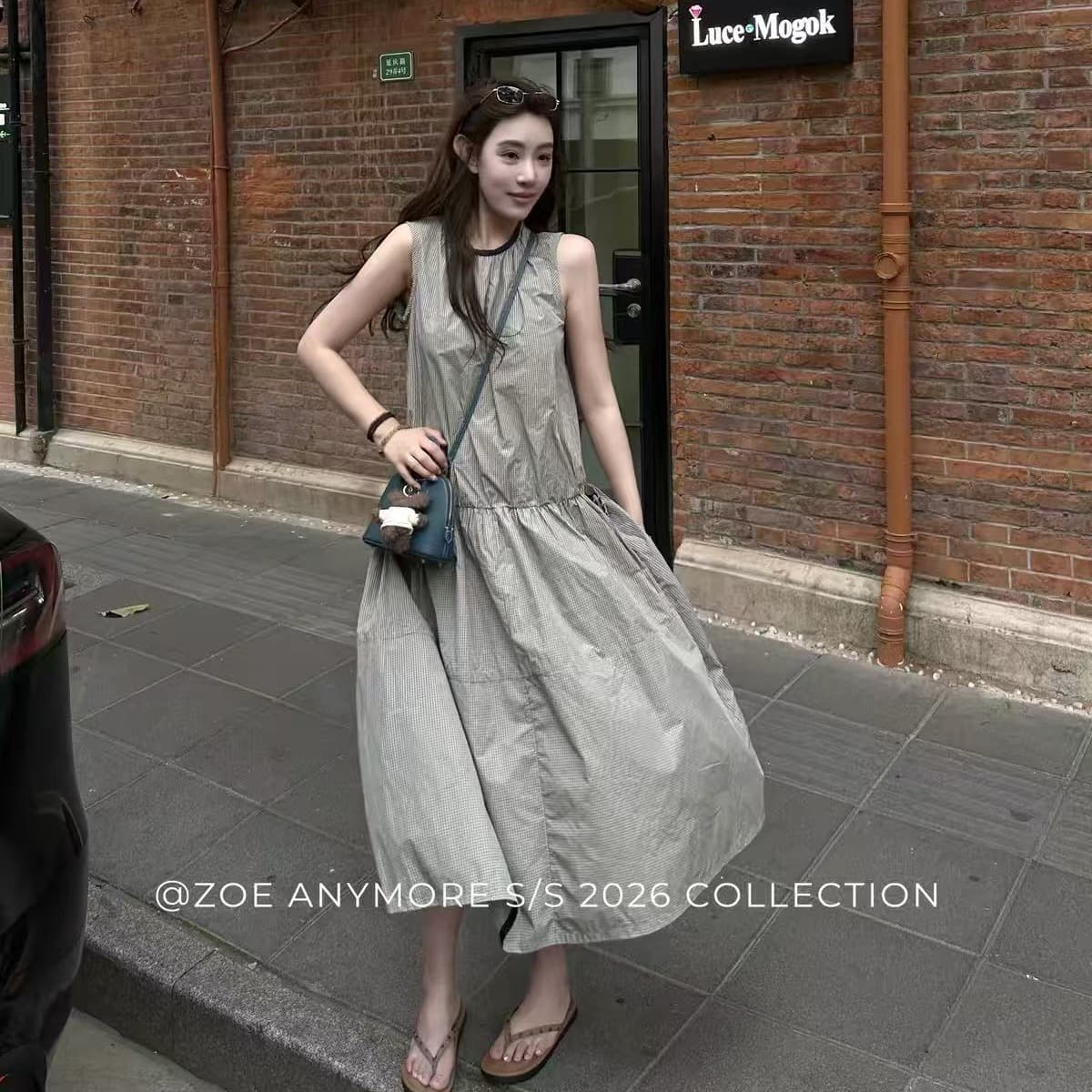zoe anymore 한 부서 루즈핏 허리밴드 느긋한 센스 좋은 체크무늬 허리 수축 드레스 느슨함 센스 조끼 스커트 이미지 5