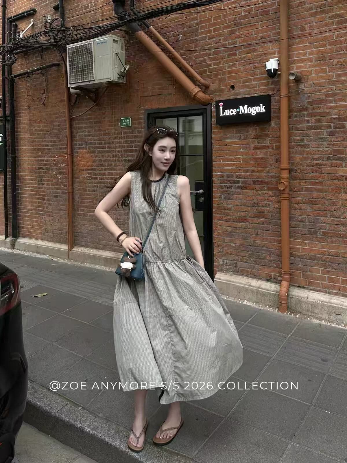 zoe anymore 한 부서 루즈핏 허리밴드 느긋한 센스 좋은 체크무늬 허리 수축 드레스 느슨함 센스 조끼 스커트 상세 이미지 3