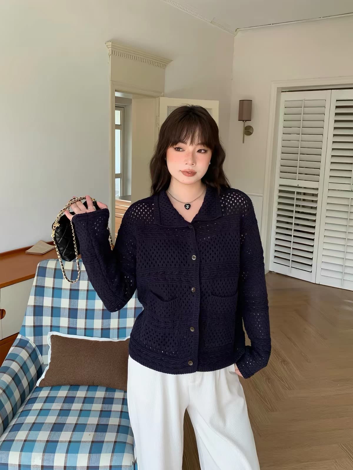 exclusive type 일본식 레트로 개성 폴로 칼라 부서 버클 홀로우 아웃 루즈핏 주머니 다용도 니트 오픈 가디건 상세 이미지 20