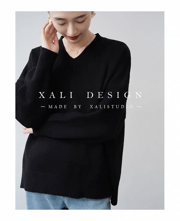 xali 느슨함 레트로 검정색 V넥 니트 스웨터 여성 풀오버 외부 가져 가라. 루즈핏 느긋한 바람 부드러운 찹쌀 인사이드 가져 가라. 스웨터 이미지 2