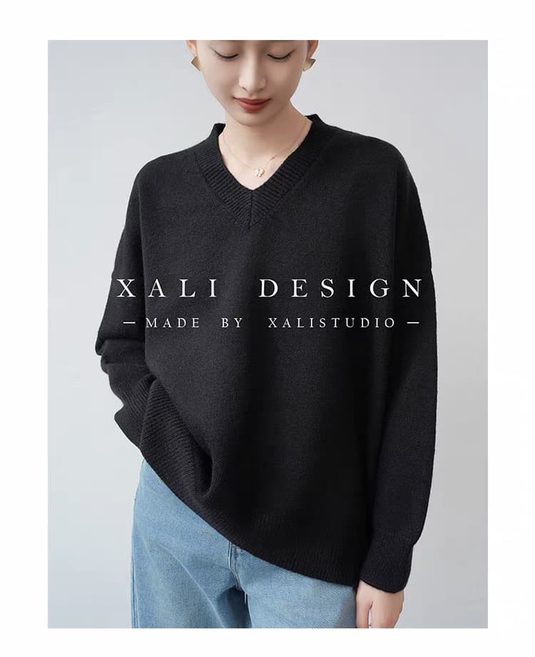 xali 느슨함 레트로 검정색 V넥 니트 스웨터 여성 풀오버 외부 가져 가라. 루즈핏 느긋한 바람 부드러운 찹쌀 인사이드 가져 가라. 스웨터 상세 이미지 4