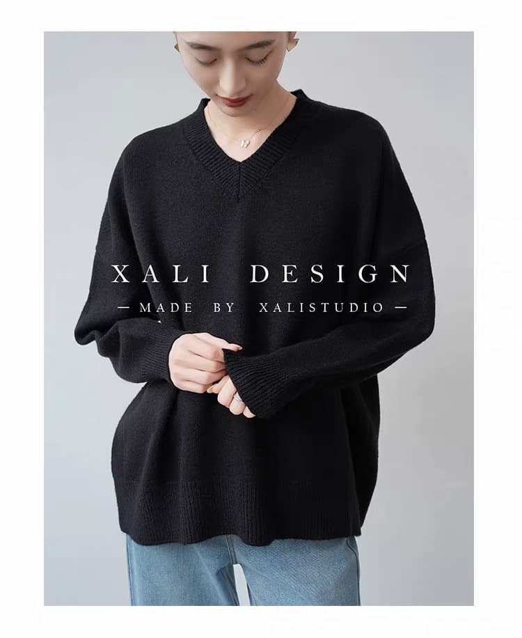 xali 느슨함 레트로 검정색 V넥 니트 스웨터 여성 풀오버 외부 가져 가라. 루즈핏 느긋한 바람 부드러운 찹쌀 인사이드 가져 가라. 스웨터 상세 이미지 6