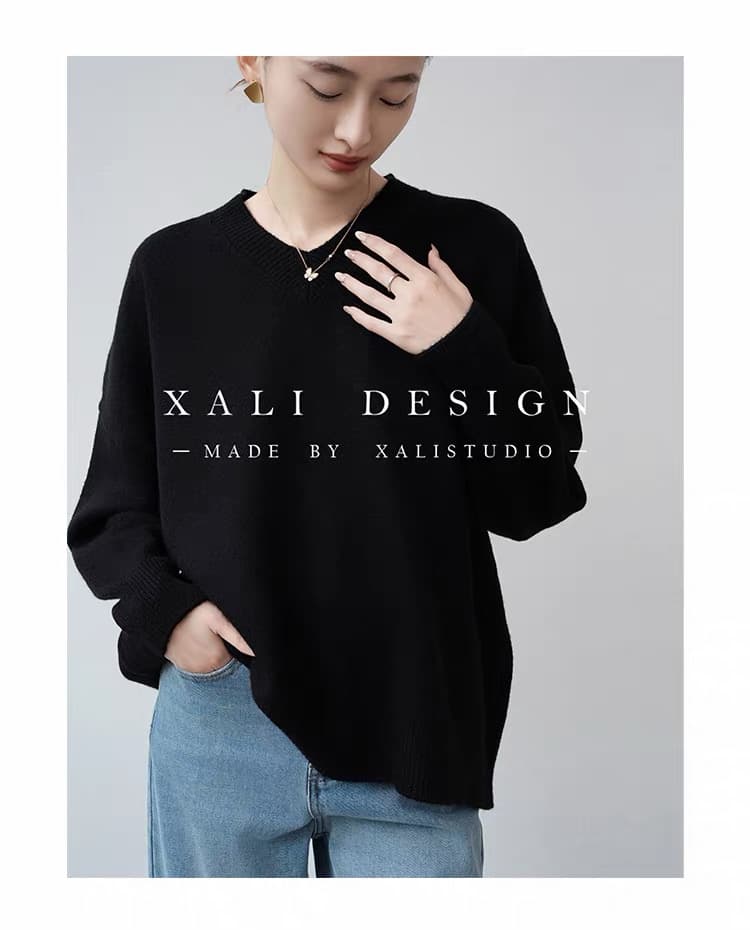 xali 느슨함 레트로 검정색 V넥 니트 스웨터 여성 풀오버 외부 가져 가라. 루즈핏 느긋한 바람 부드러운 찹쌀 인사이드 가져 가라. 스웨터 상세 이미지 8