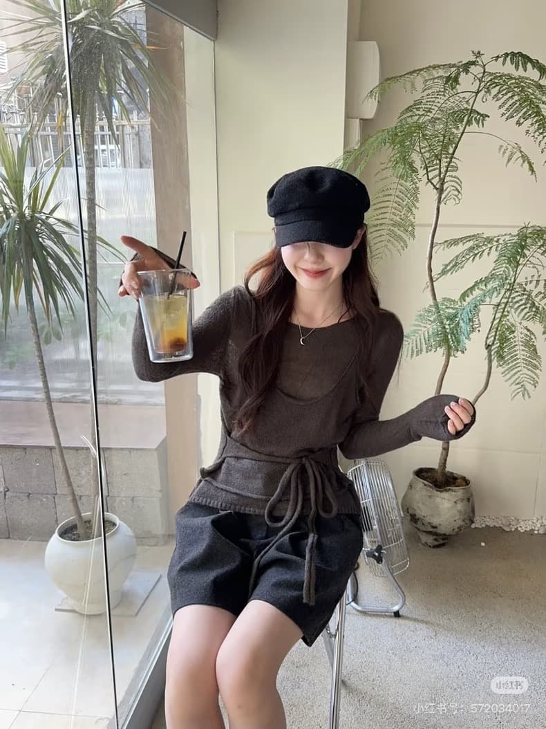찹쌀 찹쌀 너 아니요 개화 한 miu 부서 조끼 스택 착용 스트랩 디자인 페이크 레이어드 긴팔 얇은 니트 스웨터 상세 이미지 10