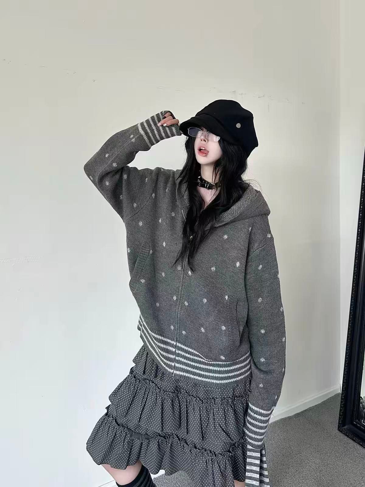 카레 사람들 고대 조기 센스 레트로 스트라이프 도트 무늬 니트 여성 코트 루즈핏 라운드 넥 지퍼 오픈 가디건 다용도 캐주얼 이미지 4
