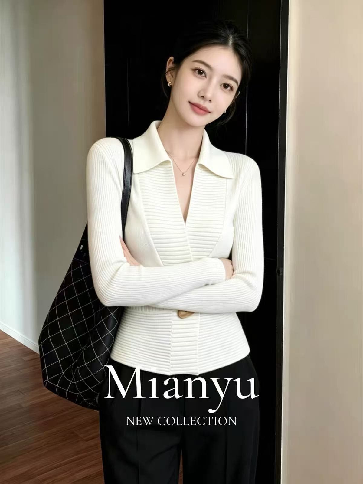 2026 년 가을 새로운 쌀 화이트 긴팔 polo 폴로 칼라 허리 수축 루즈핏 슬림해 보이는 작은 대중 다용도 니트 맨위 이미지 3
