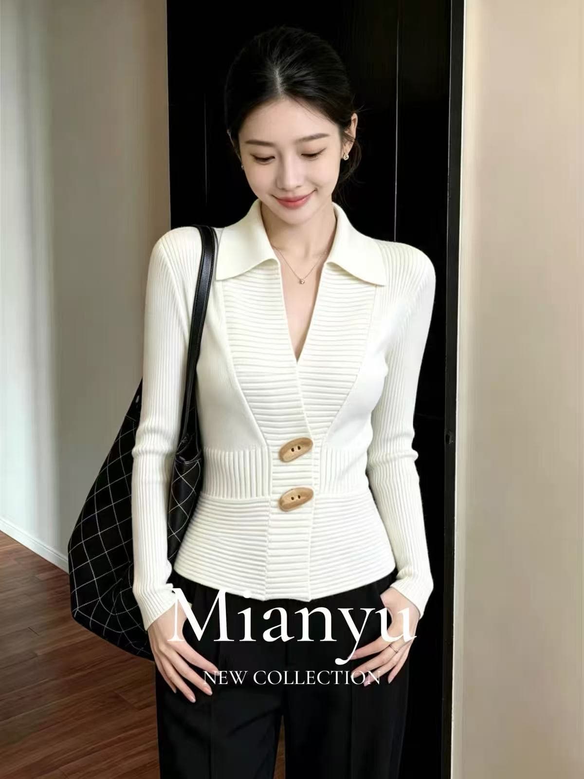 2026 년 가을 새로운 쌀 화이트 긴팔 polo 폴로 칼라 허리 수축 루즈핏 슬림해 보이는 작은 대중 다용도 니트 맨위 상세 이미지 1