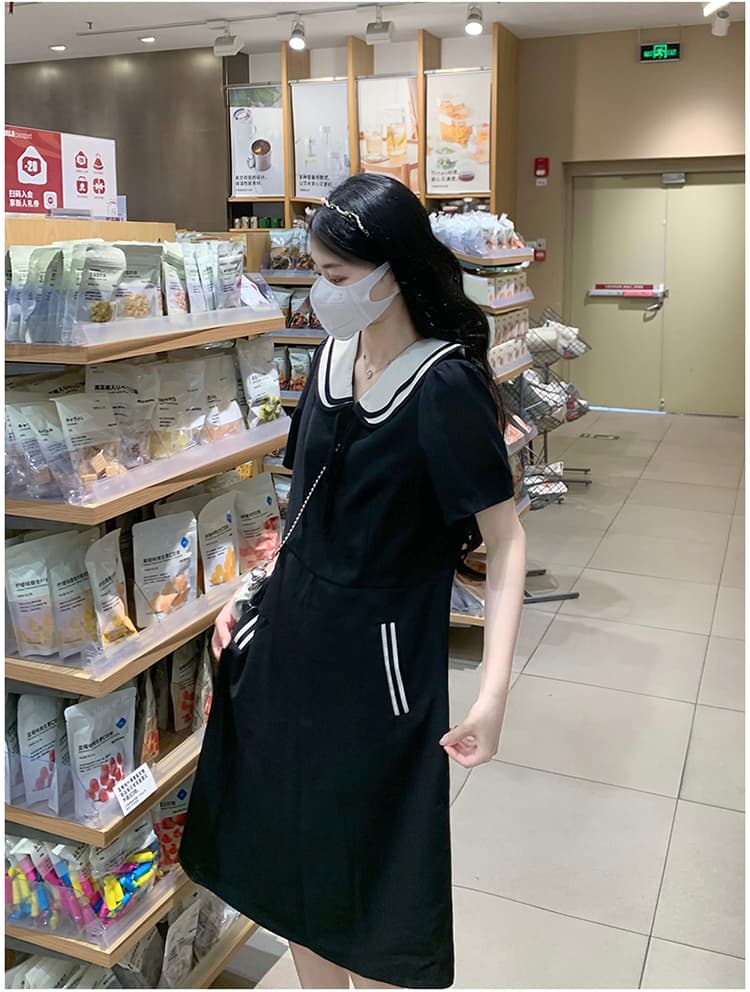 실사 레트로 스타일 배색 베이비 칼라 반팔 여성 드레스 2026 여름 연령 감소 슬림해 보이는 중간 길이 치마 상세 이미지 15
