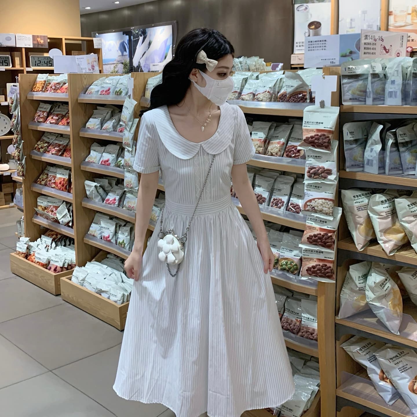 프랑스식 우아함 베이비 칼라 레이스 스트라이프 허리 수축 면 센스 샤오 바이 치마 드레스 이미지 4