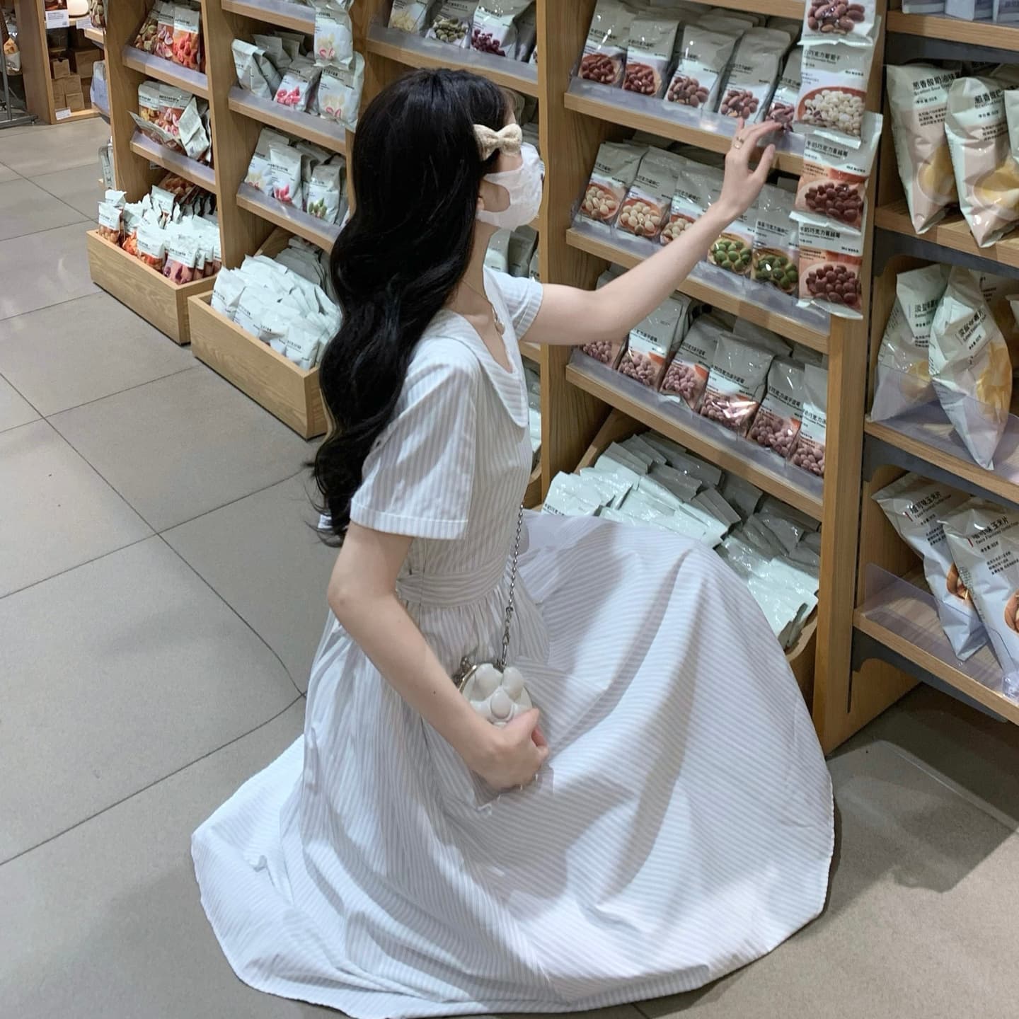 프랑스식 우아함 베이비 칼라 레이스 스트라이프 허리 수축 면 센스 샤오 바이 치마 드레스 이미지 5