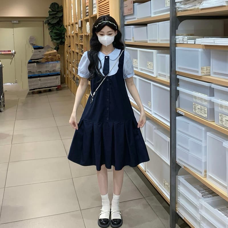 실사 학원 스타일 페이크 레이어드 슬림해 보이는 핏 스타일 중학교 여자 학생 여름 드레스 이미지 2