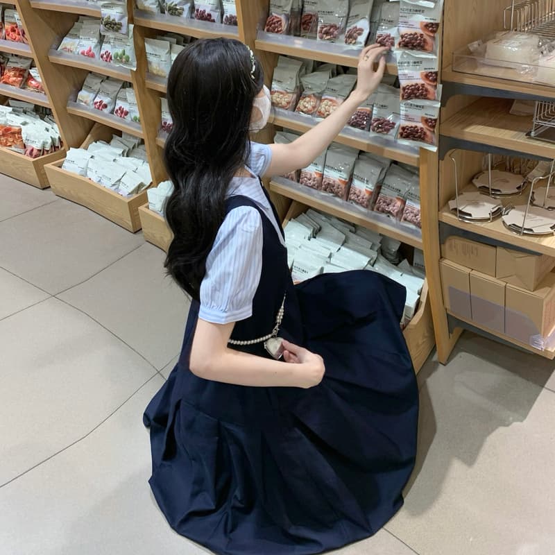 실사 학원 스타일 페이크 레이어드 슬림해 보이는 핏 스타일 중학교 여자 학생 여름 드레스 이미지 3
