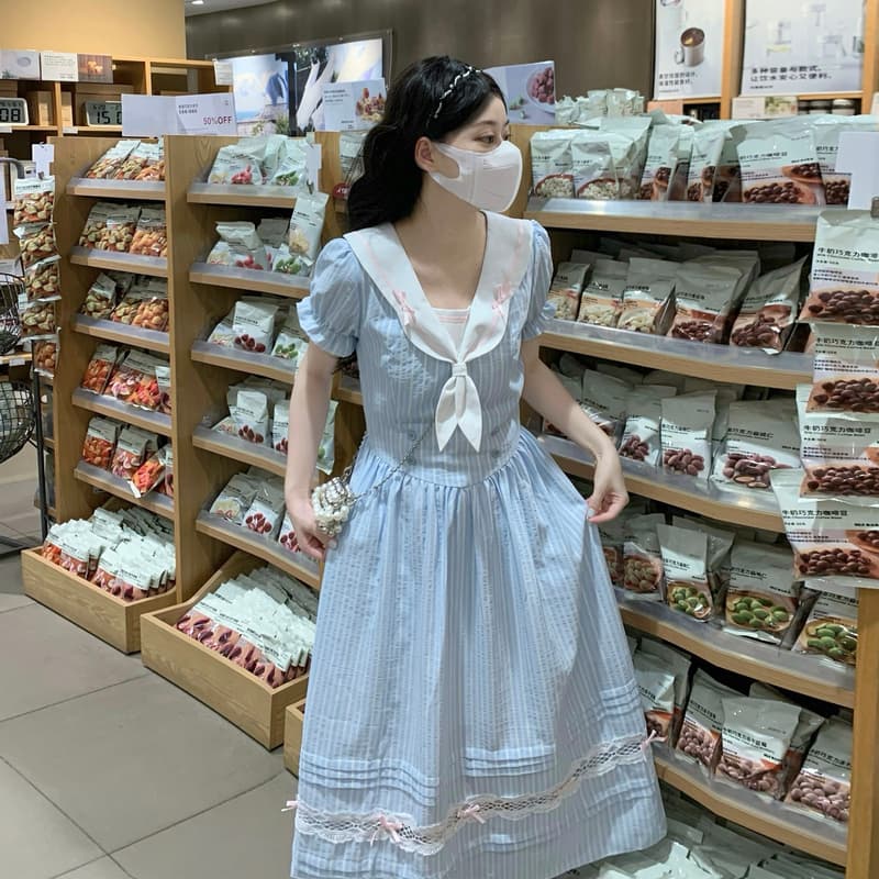 실사 연령 감소 해군 칼라 달콤함 학원 스타일 스트라이프 허리 수축 레이스업 드레스 이미지 3