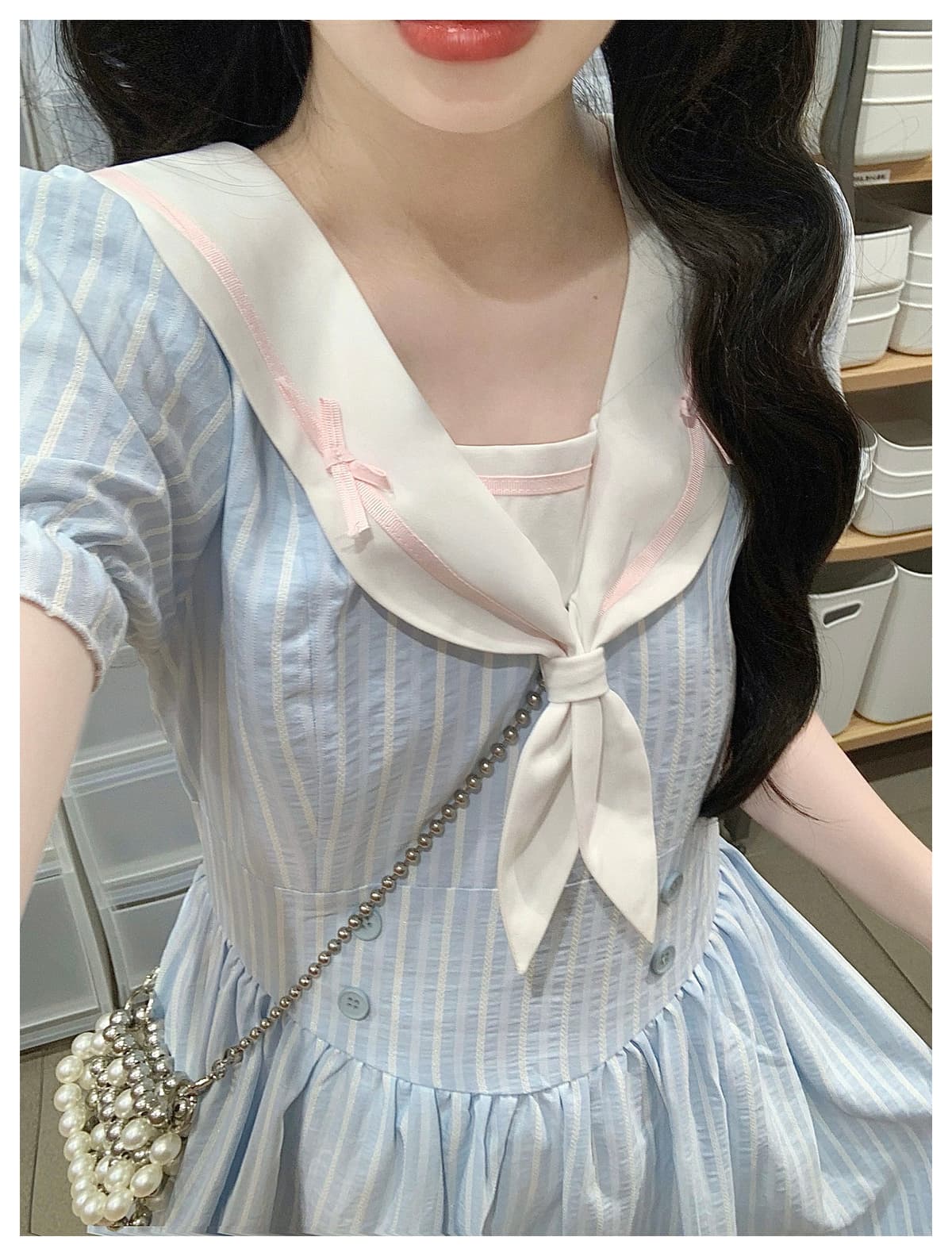 실사 연령 감소 해군 칼라 달콤함 학원 스타일 스트라이프 허리 수축 레이스업 드레스 상세 이미지 9
