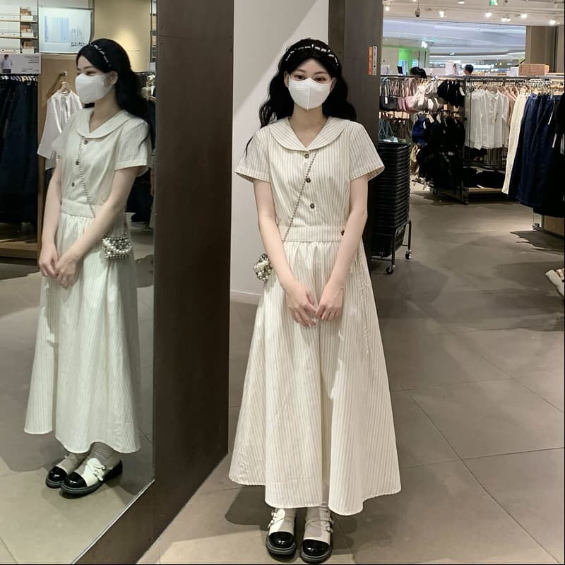 실사 6063# 프랑스식 낭만주의 롱 코트 살구 색상 스트라이프 셔츠 드레스 여성 여름 반팔 드레스 이미지 4