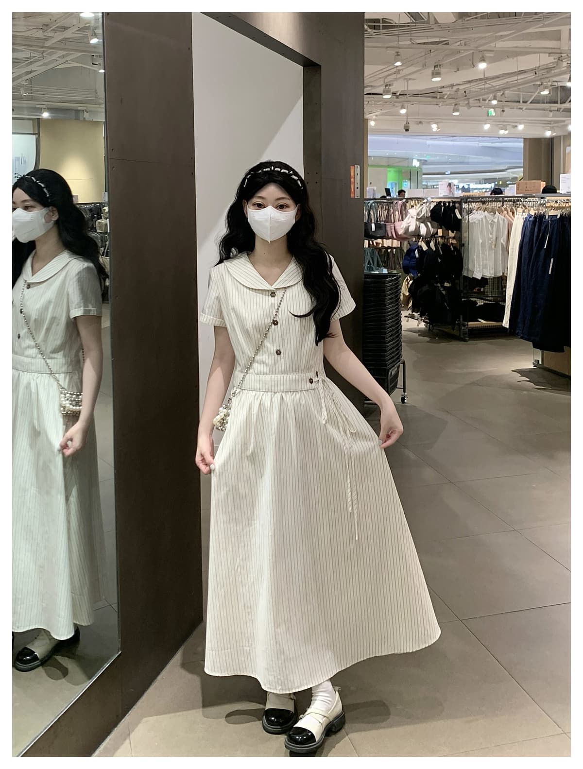 실사 6063# 프랑스식 낭만주의 롱 코트 살구 색상 스트라이프 셔츠 드레스 여성 여름 반팔 드레스 상세 이미지 15