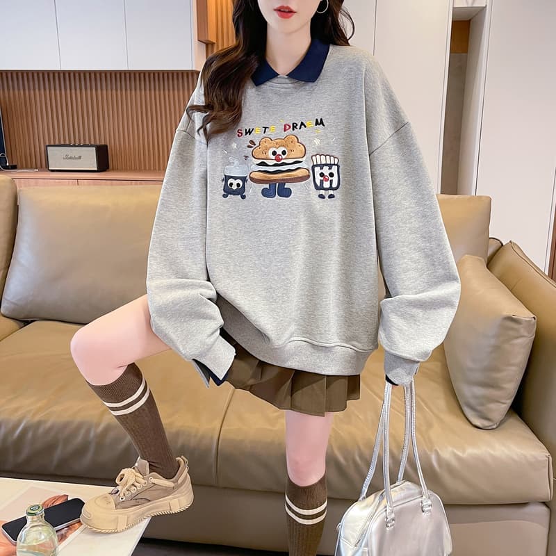 실사 POLO 칼라 패치워크 후드티 여성 2026 새로운 봄 가을 학원 스타일 루즈핏 연령 감소 페이크 레이어드 맨위 이미지 5