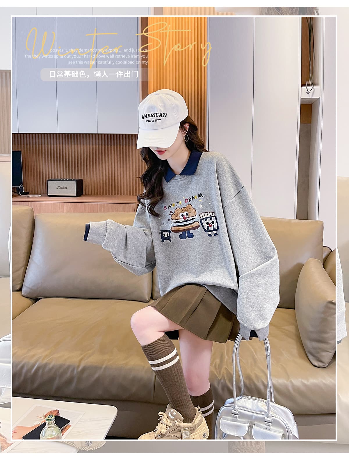 실사 POLO 칼라 패치워크 후드티 여성 2026 새로운 봄 가을 학원 스타일 루즈핏 연령 감소 페이크 레이어드 맨위 상세 이미지 3