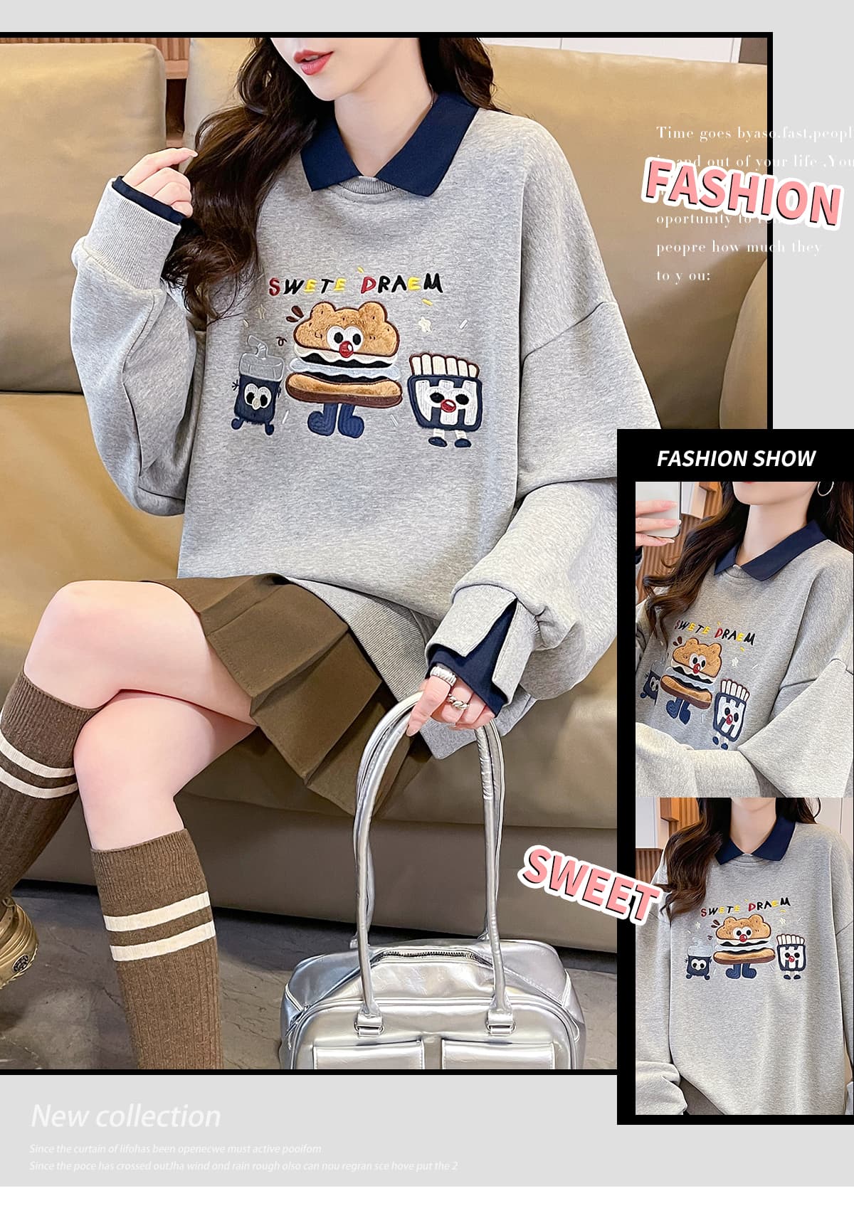 실사 POLO 칼라 패치워크 후드티 여성 2026 새로운 봄 가을 학원 스타일 루즈핏 연령 감소 페이크 레이어드 맨위 상세 이미지 5