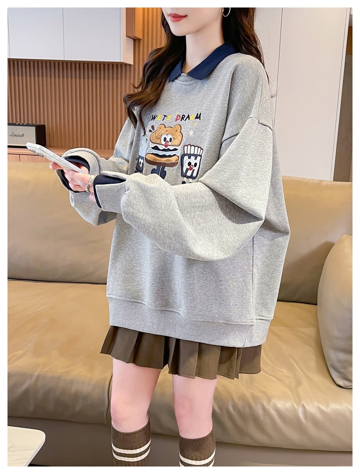 실사 POLO 칼라 패치워크 후드티 여성 2026 새로운 봄 가을 학원 스타일 루즈핏 연령 감소 페이크 레이어드 맨위 상세 이미지 11