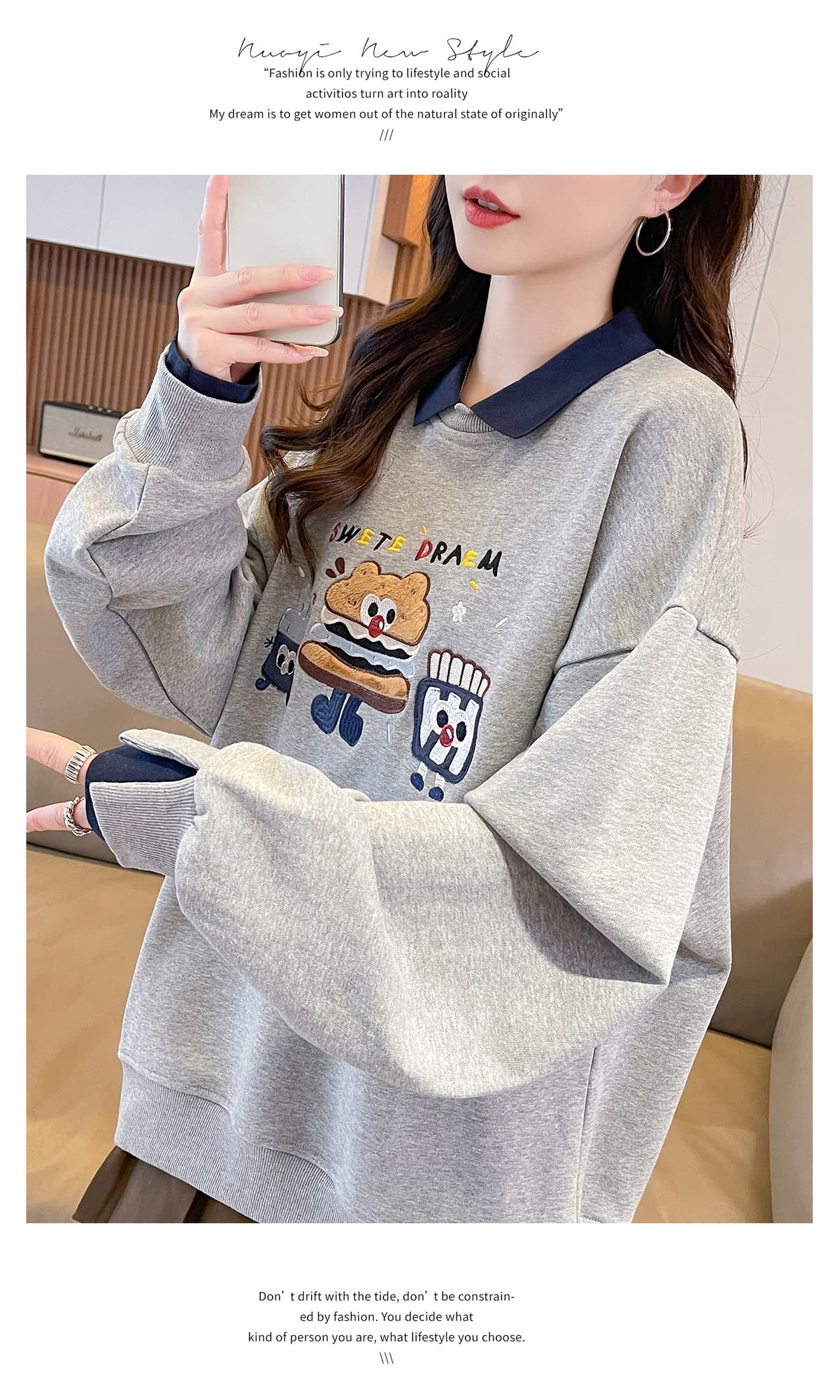 실사 POLO 칼라 패치워크 후드티 여성 2026 새로운 봄 가을 학원 스타일 루즈핏 연령 감소 페이크 레이어드 맨위 상세 이미지 12
