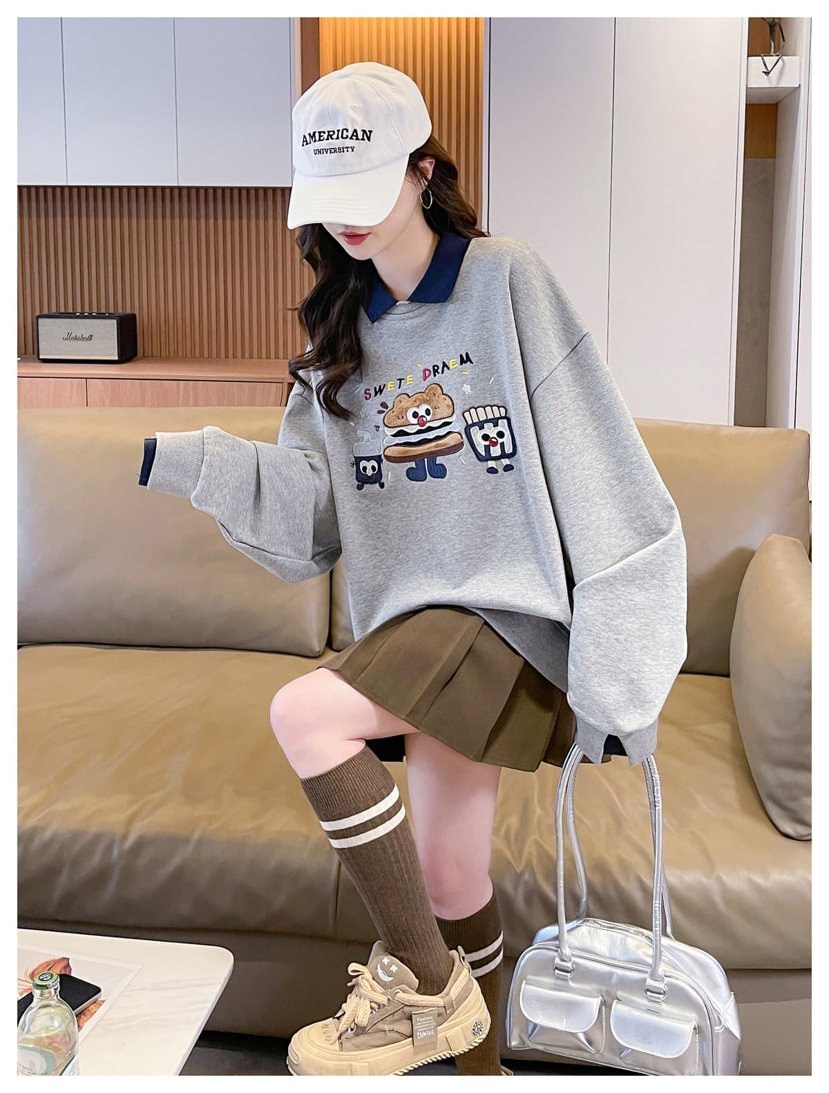실사 POLO 칼라 패치워크 후드티 여성 2026 새로운 봄 가을 학원 스타일 루즈핏 연령 감소 페이크 레이어드 맨위 상세 이미지 17