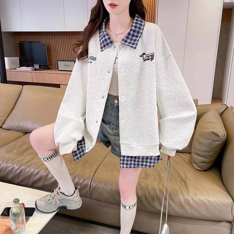 실사 아메리칸 폴로 칼라 체크무늬 패치워크 후드티 여성 2026 새로운 봄 가을 학원 스타일 루즈핏 카디건 코트 이미지 6