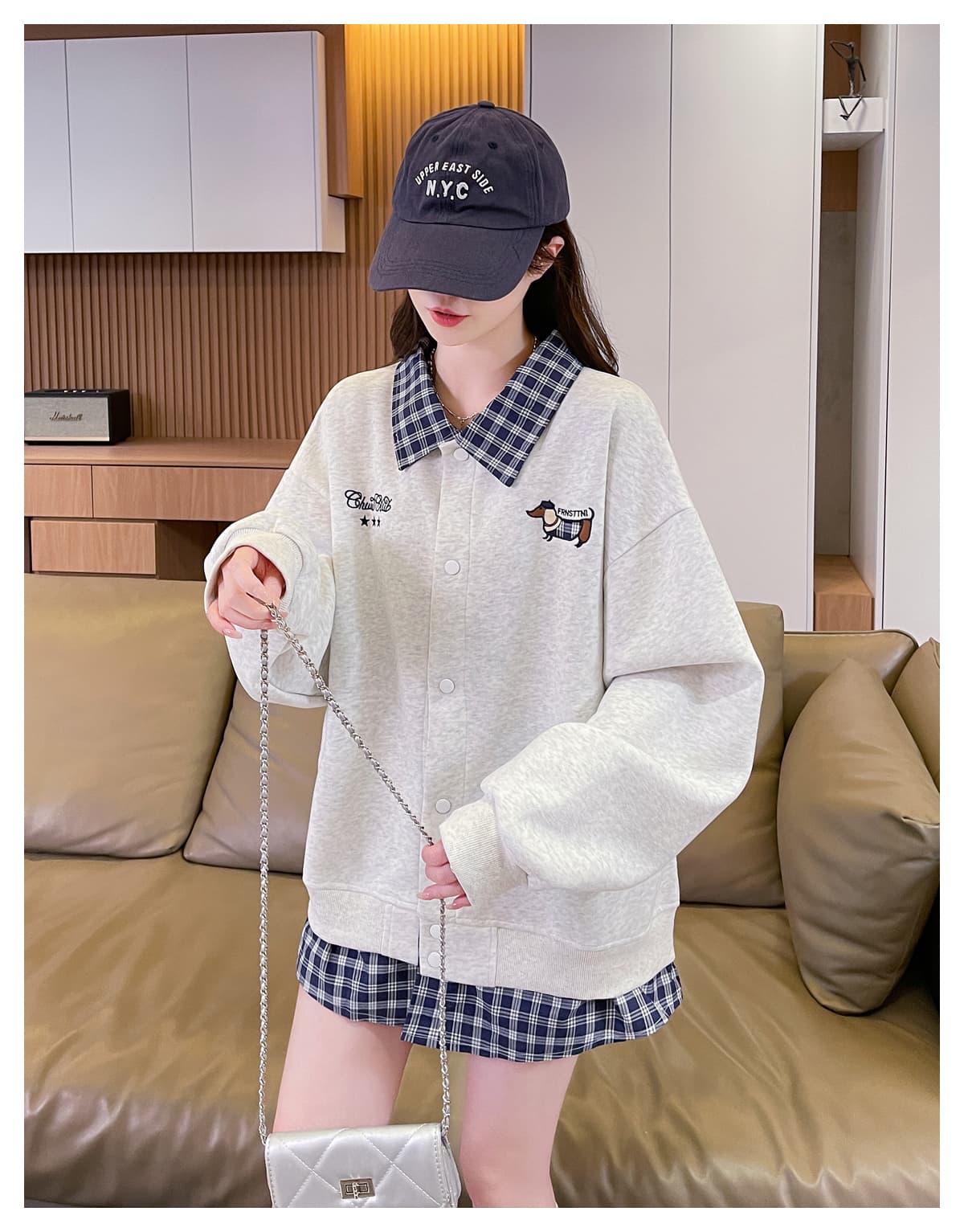 실사 아메리칸 폴로 칼라 체크무늬 패치워크 후드티 여성 2026 새로운 봄 가을 학원 스타일 루즈핏 카디건 코트 상세 이미지 10