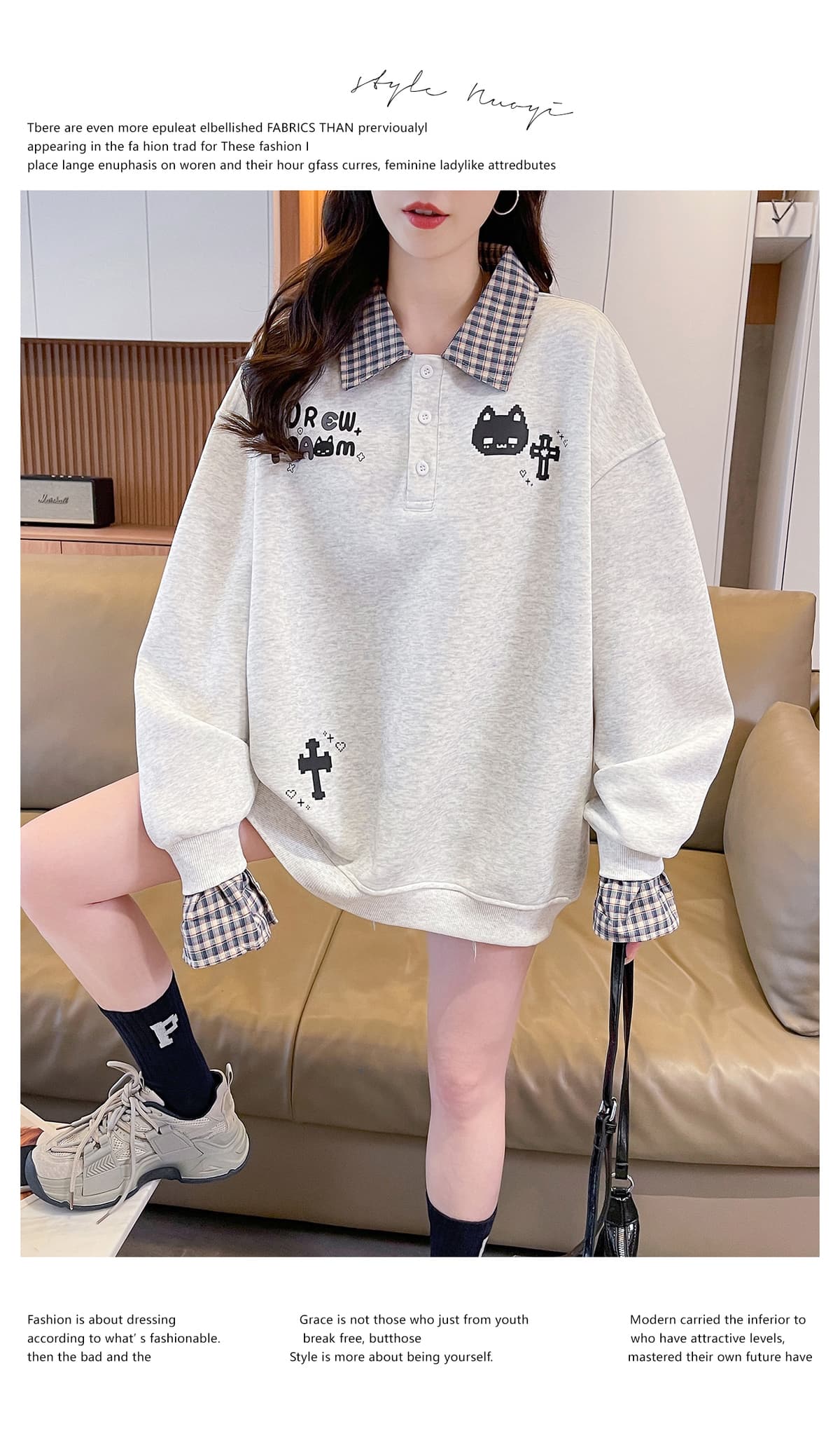 실사 페이크 레이어드 POLO 칼라 후드티 여성 초기 고등학생 2026 새로운 루즈핏 학원 스타일 긴팔 맨위 상세 이미지 16