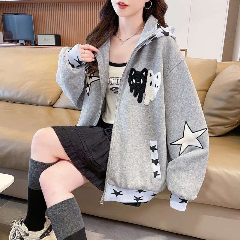 실사 아메리칸 별 고양이 자수 디자인 센스 후드 티 스웨터 여성 가을 겨울 루즈핏 카디건 코트 이미지 6