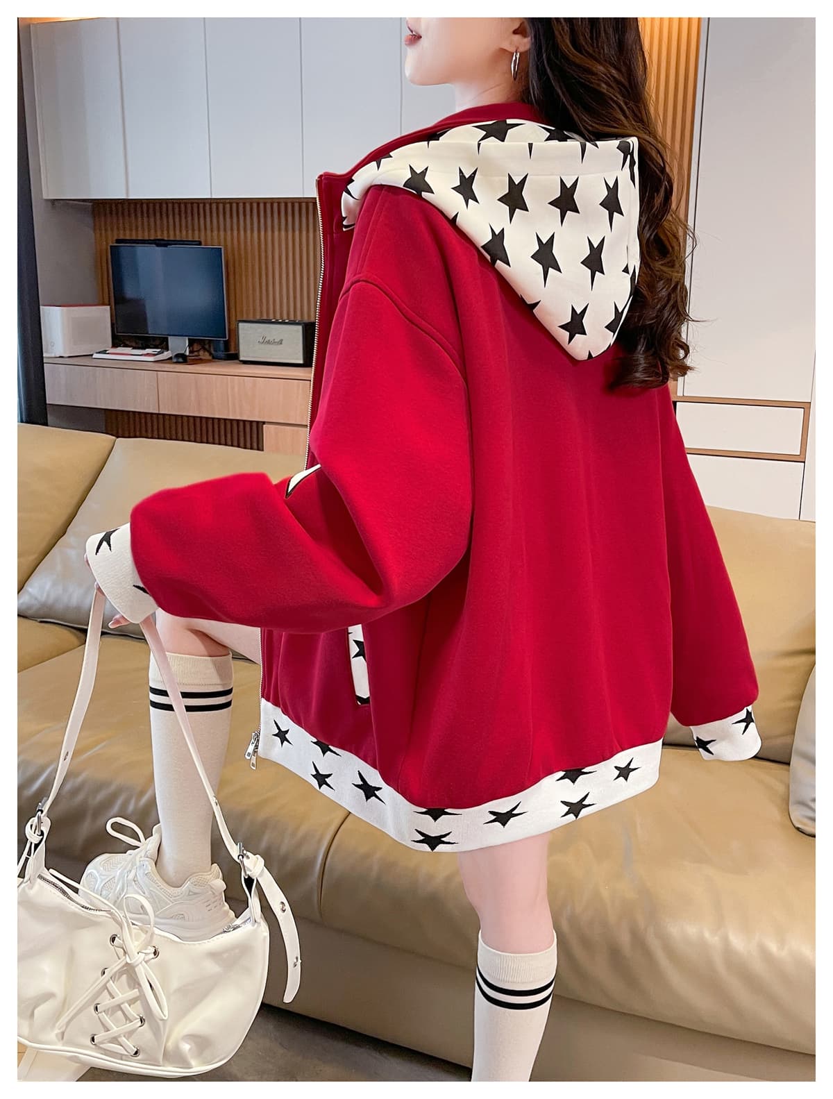 실사 아메리칸 별 고양이 자수 디자인 센스 후드 티 스웨터 여성 가을 겨울 루즈핏 카디건 코트 상세 이미지 29